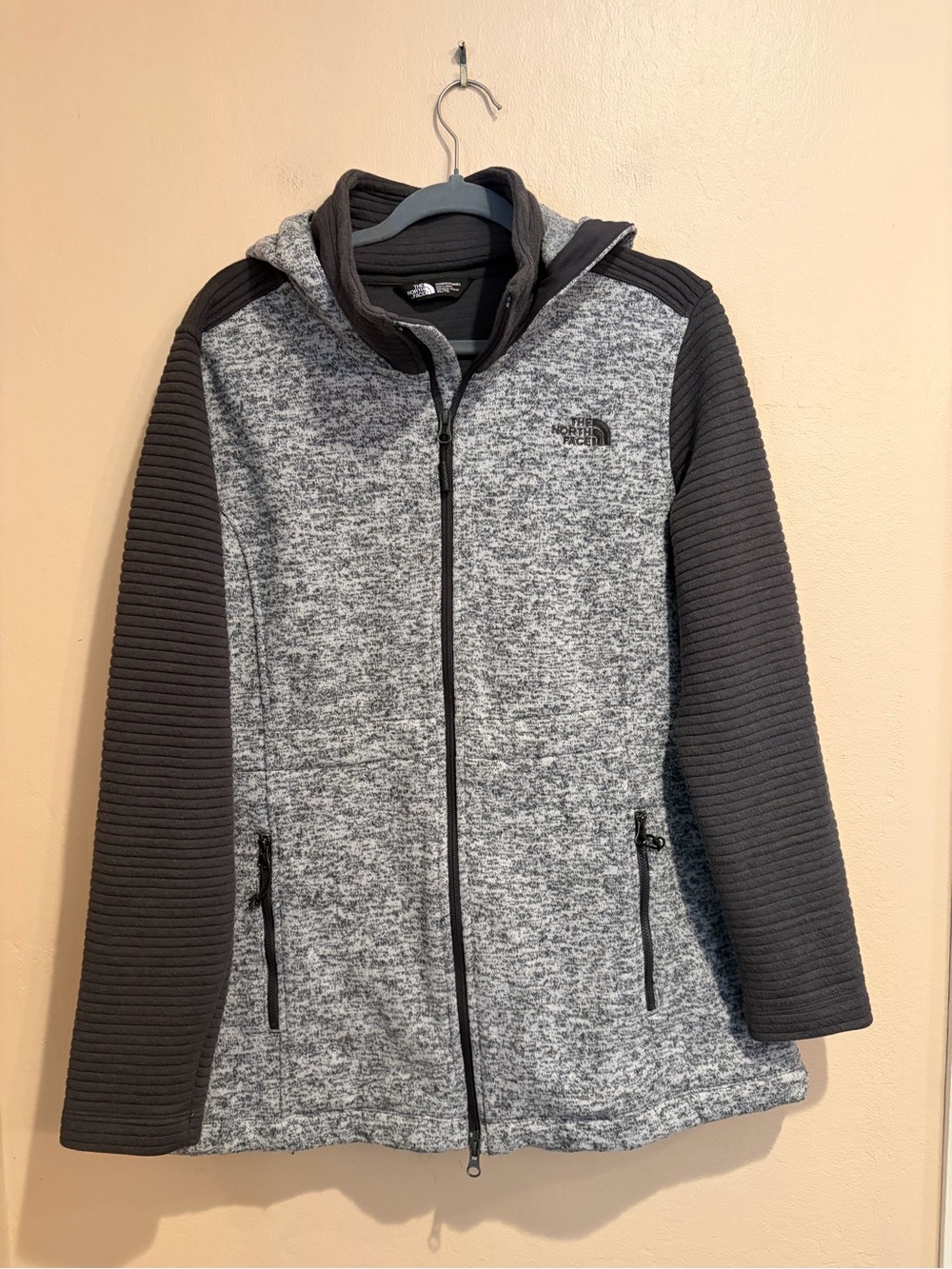 The North Face Heather Gray Zip Hoodie, w/ Black Sleeves & Zip Pockets, size XL